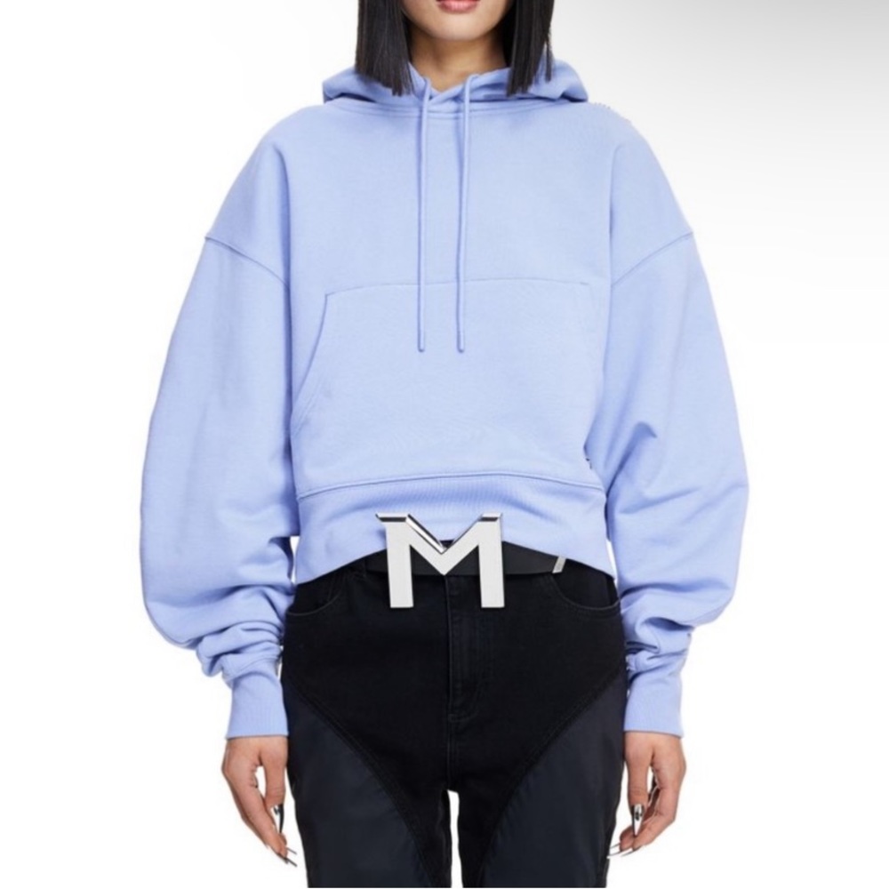 🆕MUGLER X H&M BABY BLUE CROPPED BALLOON SLEEVE HOODIE WITH SILVER STAR & LOGO - Picture 3 of 8